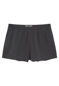 Shorts en coton gris foncé avec une ceinture élastique, dotés d'un tissu texturé et d'une coupe décontractée. Design simple, sans éléments métalliques visibles ni motifs.