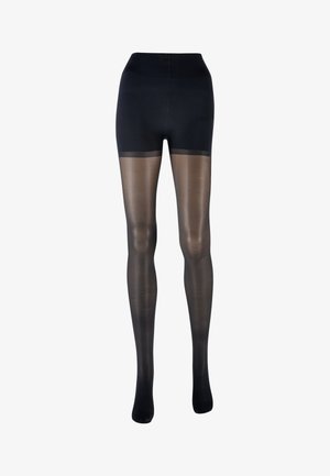 Black tights with a high waistband, featuring a sheer leg design. Material is smooth, contrasting opaque top with transparent lower section.