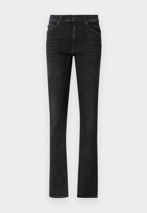 Black denim jeans with a straight leg cut, featuring front pockets and a button closure. Smooth texture with subtle fading.
