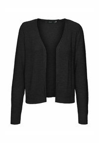Cardigan nero, design a davanti aperto, maniche lunghe, texture a coste, materiale in maglia morbida, lunghezza fino a metà coscia, senza bottoni o decorazioni.