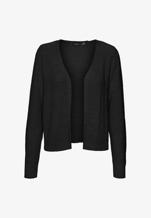 Cardigan nero, design a davanti aperto, maniche lunghe, texture a coste, materiale in maglia morbida, lunghezza fino a metà coscia, senza bottoni o decorazioni.