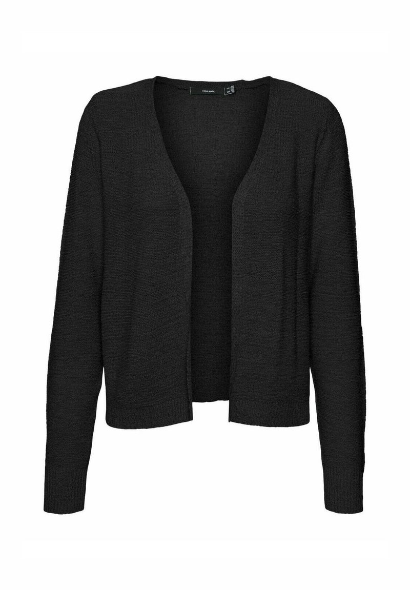 Cardigan nero, design a davanti aperto, maniche lunghe, texture a coste, materiale in maglia morbida, lunghezza fino a metà coscia, senza bottoni o decorazioni.