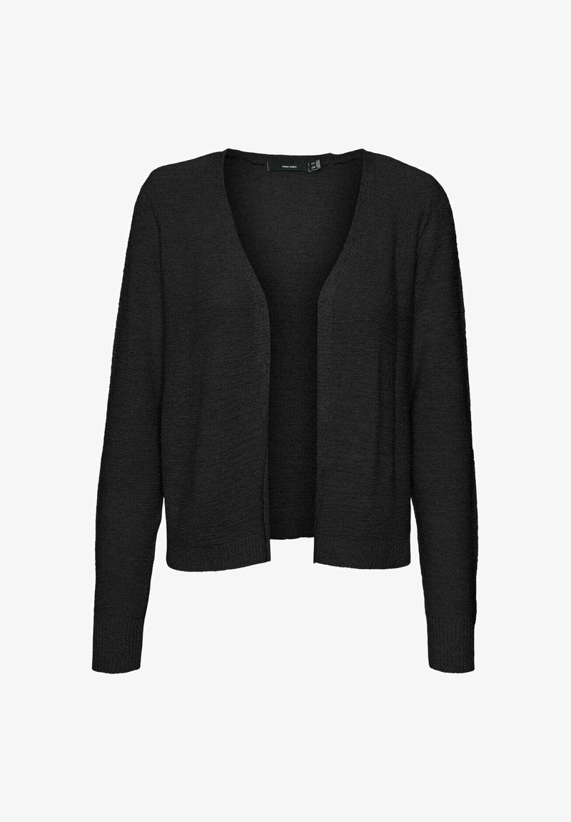 Cardigan nero, design a davanti aperto, maniche lunghe, texture a coste, materiale in maglia morbida, lunghezza fino a metà coscia, senza bottoni o decorazioni.