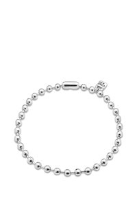 Bracelet en argent composé de perles sphériques avec une texture lisse. Elle présente un fermoir cylindrique et une petite étiquette avec la marque.