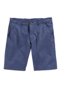 Blaue Baumwollshorts mit zwei seitlichen Taschen, einem Knopfverschluss und einem geraden Beinansatz mit glatter Textur.