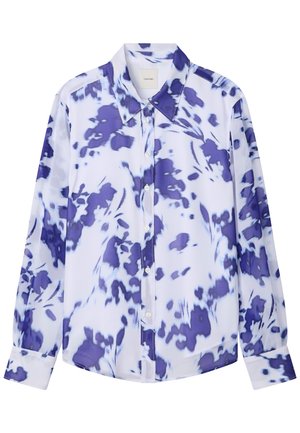 Langärmeliges Hemd zum Knöpfen mit spitzem Kragen, mit abstraktem blau-weißem Blumenmuster.