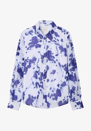 Langermet skjorte med knappelukking og spiss krage, med abstrakt blått og hvitt blomstermønster.