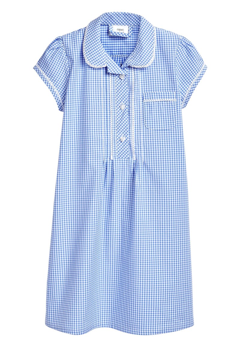 Robe à manches courtes en vichy bleu clair et blanc avec col festonné, boutonnage sur le devant, poche poitrine et détails de garniture décorative.