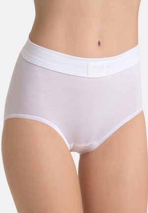 Witte Sloggi hipsteronderbroek met een zachte textuur, elastische tailleband en gegolfde randen. Eenvoudig, minimalistisch ontwerp.