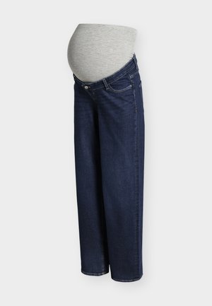 Jean de maternité bleu foncé avec une large ceinture grise extensible et haute, conçue pour s'adapter à un ventre de femme enceinte.