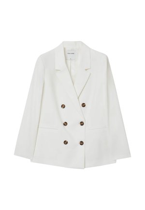 Blazer bianco doppiopetto con rever a punta, dotato di bottoni marroni e tasche laterali, realizzato in un tessuto morbido con una forma strutturata.