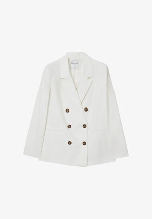 Blazer bianco doppiopetto con rever a punta, dotato di bottoni marroni e tasche laterali, realizzato in un tessuto morbido con una forma strutturata.