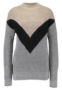 Strickpullover mit einem Farbblockdesign in Beige, Schwarz und Grau. Rundhals, lange Ärmel sowie Rippbündchen an Saum und Ärmeln.