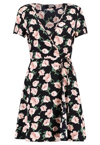 Floral wrap dress featuring short sleeves, a deep V-neck, black fabric adorned with pink flowers, and a tie waist detail.