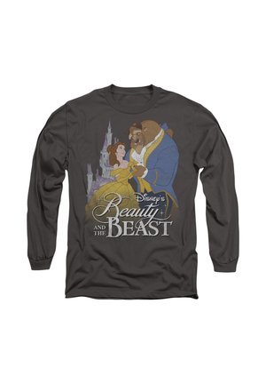 Dark long-sleeve shirt featuring animated characters Belle in a yellow dress and Beast in a blue coat, with a castle backdrop and text.