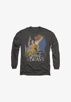 Dunkles Langarmshirt mit den animierten Charakteren Belle in einem gelben Kleid und dem Biest in einem blauen Mantel, vor einer Schlosskulisse und Text.