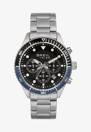 Chronograph-Uhr aus Edelstahl mit schwarzem Zifferblatt, leuchtenden Stundenmarkierungen, blauer Lünette und Gliederarmband. Mit Datumsanzeige und Stoppuhrfunktionen.