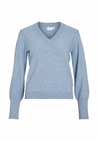 Pull léger bleu avec un col en V, un ourlet côtelé et des manches bouffantes présentant un motif texturé sur l'ensemble du tissu.