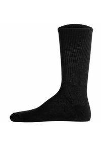 Calza nera a costine realizzata in un materiale morbido. Presenta un design alto, punta rinforzata e un delicato lucido, adatta sia per un abbigliamento casual che formale.