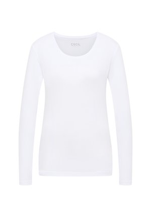 Vit långärmad T-shirt tillverkad av mjukt tyg, med rund halsringning och en figursydd silhuett utan mönster eller detaljer.