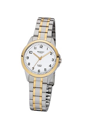 Montre-bracelet en métal argenté et doré avec cadran blanc, chiffres noirs, aiguilles dorées et la marque "Regent" à midi.