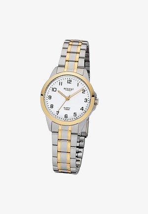 Montre-bracelet en métal argenté et doré avec cadran blanc, chiffres noirs, aiguilles dorées et la marque "Regent" à midi.
