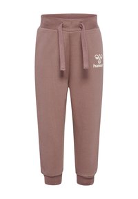 Roze joggerbroeken met een geribbelde tailleband en koord, taps toelopende pijpen en een wit logo op de linkerheup. Zacht materiaal.