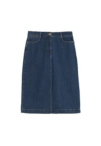 Gonna di jeans blu scuro, lunga fino al ginocchio, con taglio dritto. Presenta tasche frontali, passanti per cintura e un'unica chiusura con bottone in vita.