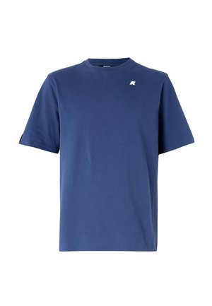 Navy blue cotton t-shirt with a crew neckline, short sleeves, and a small white logo on the left chest. Smooth texture and regular fit.