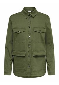 Giacca verde oliva in cotone, con chiusura a bottoni, due tasche sul petto e orlo curvato. Texture uniforme, con bottoni a pressione in metallo.