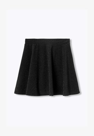 Jupe évasée noire en tissu texturé et scintillant. Elle présente une large ceinture et des plis, créant une forme plus ample à l'ourlet.