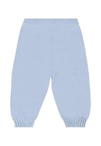 Lichtblauwe gebreide babybroek met geribde tailleband en manchetten, met een zachte, comfortabele textuur ontworpen voor optimaal comfort.