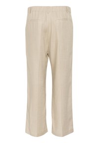 Beige lněné kalhoty s uvolněným střihem, nabízející elastický pas, dvě zadní kapsy a jemnou strukturu.