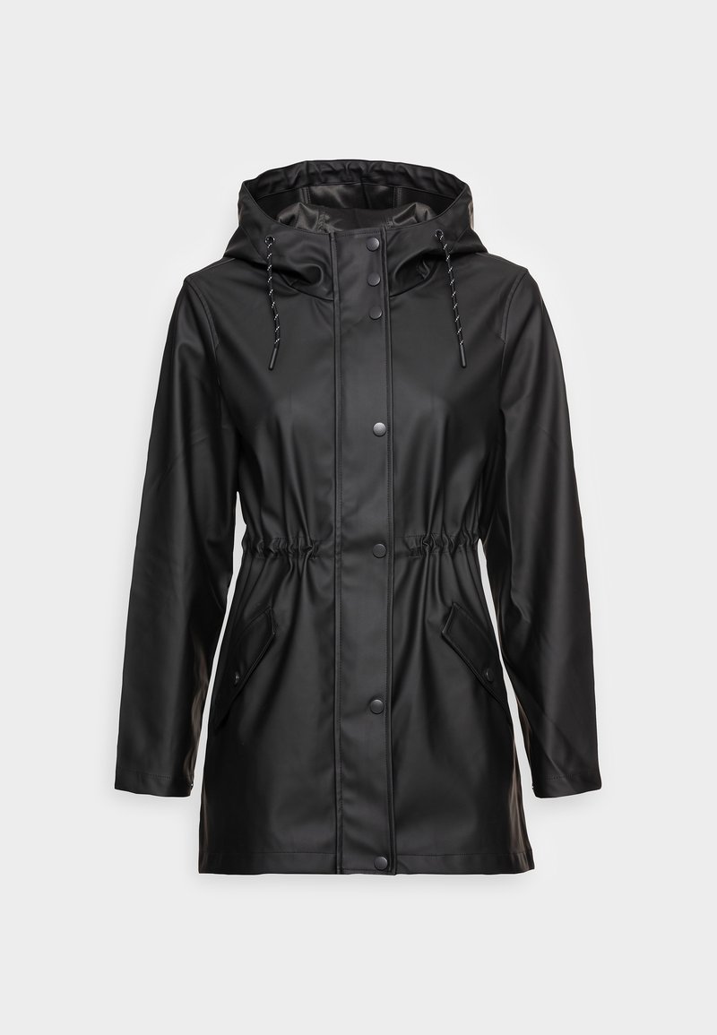 Imperméable noir mi-long avec capuche, boutons-pression à l'avant, taille ajustable par cordon et deux poches avant à rabat.