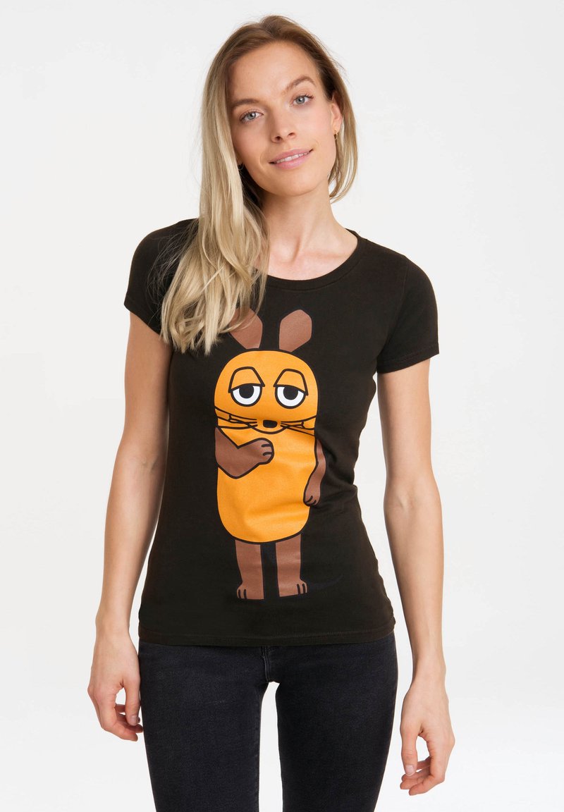 Black cotton t-shirt featuring a cartoon character with orange and brown details, short sleeves, and a fitted design.