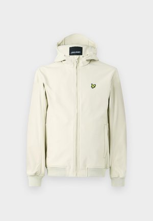 Light beige hooded jacket with a zip closure, ribbed cuffs, and hem. Features a green embroidered logo on the left side. Smooth texture.