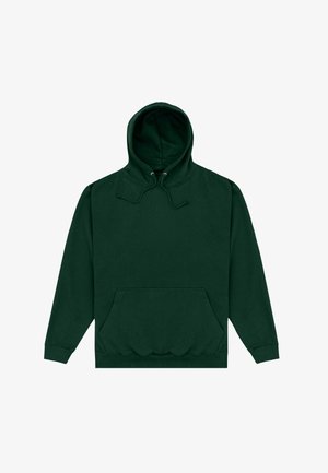 Mørkegrøn hættetrøje med kangurulomme foran og justerbar snor i hætten, vist fladt på en hvid baggrund.