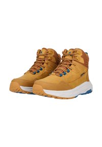 Beigenväriset vaelluskenkä, jossa on teksturoitu päällinen, siniset yksityiskohdat nauhoissa ja paksu valkoinen pohja. Varustettu hengittävillä verkkopaneeleilla.