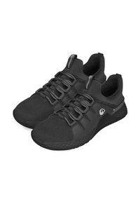 Black athletic shoes with a mesh upper, textured sole, elastic laces, and padded collar. Features a logo on the side and rear.