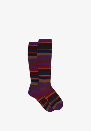 Calzini al ginocchio con righe orizzontali multicolori in viola, marrone, verde acqua e bordeaux. Realizzati in un tessuto morbido e strutturato.
