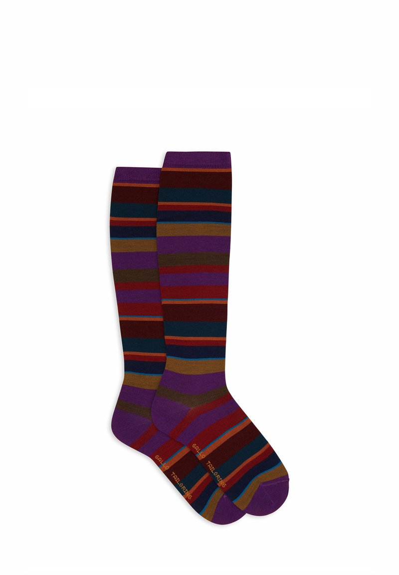 Calzini al ginocchio con righe orizzontali multicolori in viola, marrone, verde acqua e bordeaux. Realizzati in un tessuto morbido e strutturato.