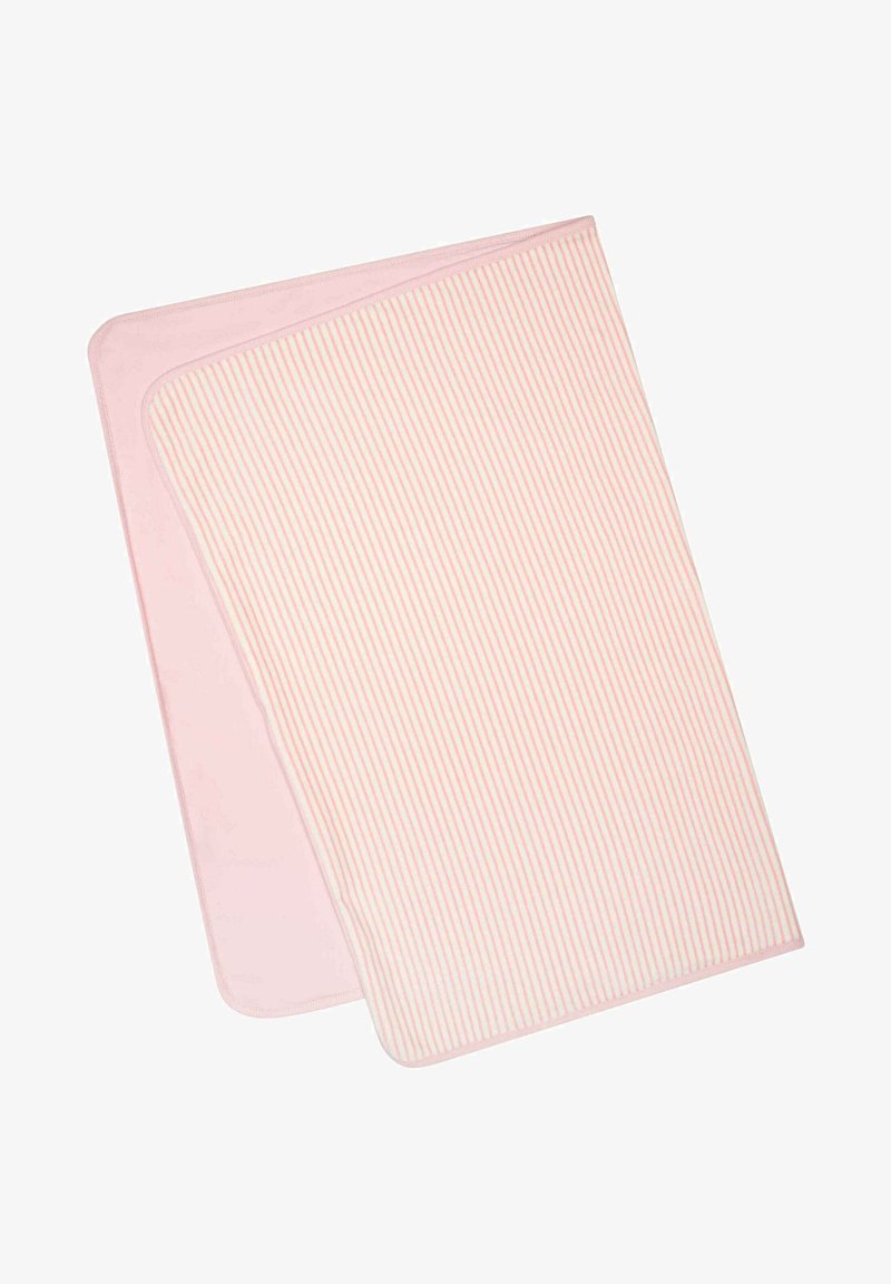 Coperta a strisce rosa e bianche con una texture liscia. Il bordo ha un bordo rosa uniforme. Materiale leggero e morbido per il comfort.