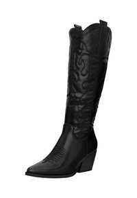 Bota cowboy de cuero negro con puntera puntiaguda, tacón de altura media y costuras decorativas en el tubo. Textura suave y borde superior curvado.