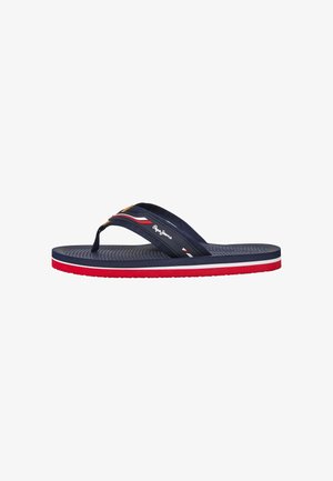Chanclas de color azul marino con una suela de goma texturizada. Presentan un diseño de doble tira con acentos en rojo y blanco, y un logo de la marca en el lateral.