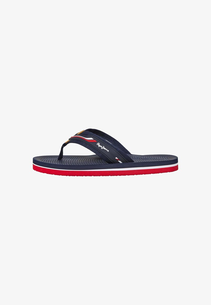 Marinblå flip-flop med en strukturerad gummisula. Har en design med dubbelrem i röd och vit, samt en logotyp på sidan.