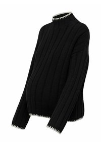 Pull noir côtelé avec un col montant, mettant en avant un accent blanc au niveau du col et de l'ourlet. Coupe ample conçue pour le confort et le mouvement.