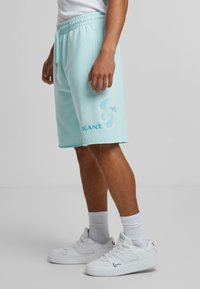 Lyseblå sweatshorts i mykt materiale, med brodert paisleymønster og logo. Kombinert med hvite sneakers og ankelstrømper.