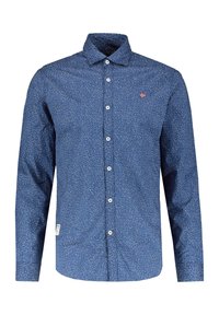 Camicia a maniche lunghe blu con motivo astratto bianco, chiusura con bottoni frontale, colletto e piccolo logo sul petto. Materiale in cotone con texture liscia.