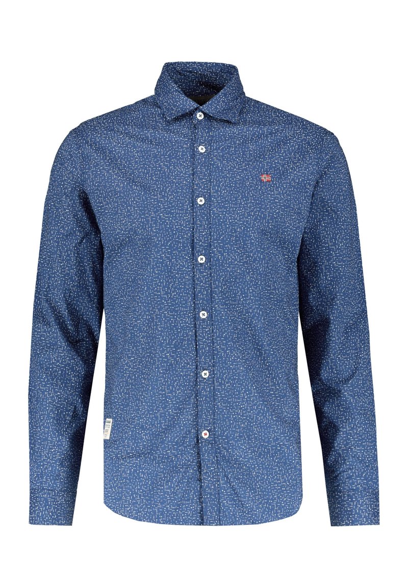 Camicia a maniche lunghe blu con motivo astratto bianco, chiusura con bottoni frontale, colletto e piccolo logo sul petto. Materiale in cotone con texture liscia.