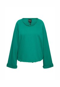 Felpa verde con scollatura rotonda, maniche lunghe con polsini arrotolati e orlo grezzo. Realizzata in tessuto morbido e elasticizzato.
